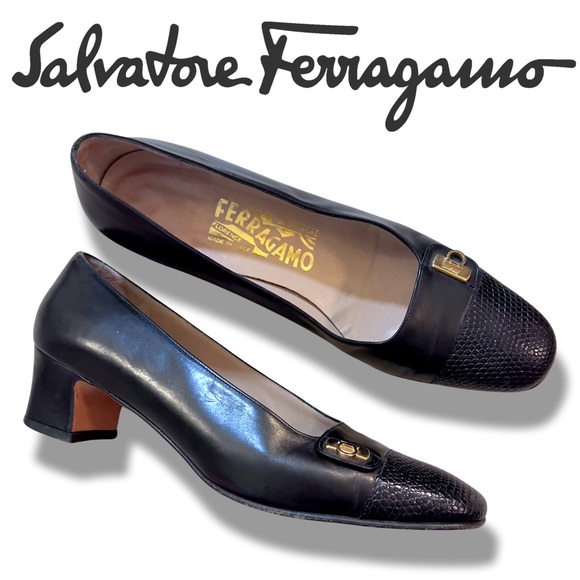 Vintage SALVATORE FERRAGAMO Square-Toe‎ Black Leather Heels - Picture 8 of 15